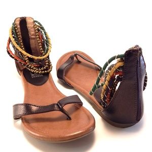 Decree ankle wrap thong sandal brown gold accents